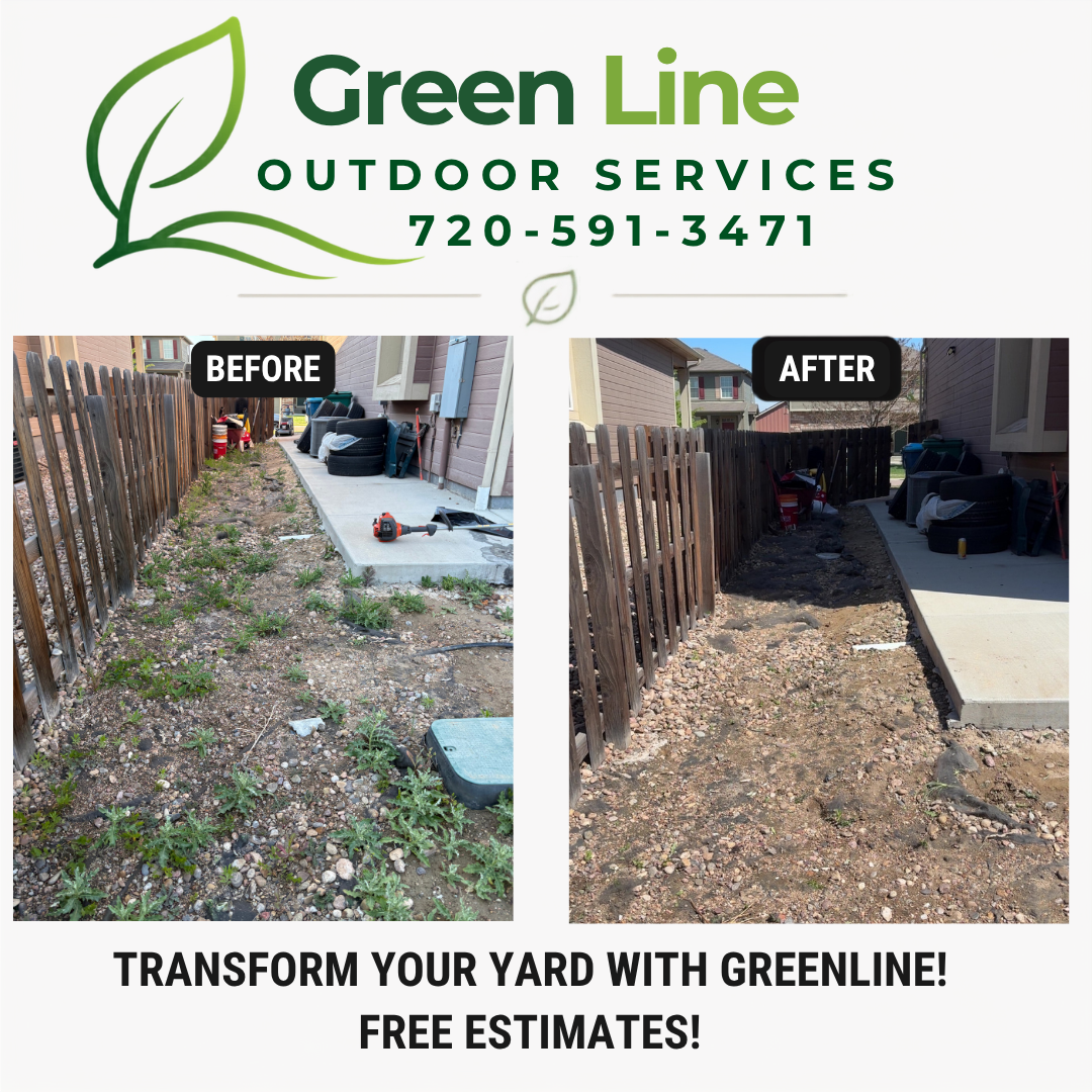Before and after rock bed cleanup along a side yard